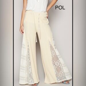 bpB217-10🤍NEW! POL perfection in Cream Lace Detail Wide-Leg Pants! Tie waist!